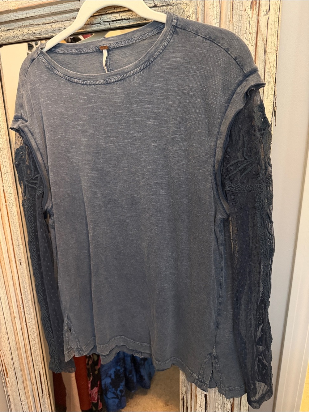 Free People Slate Blue Lace Sleeve Pullover